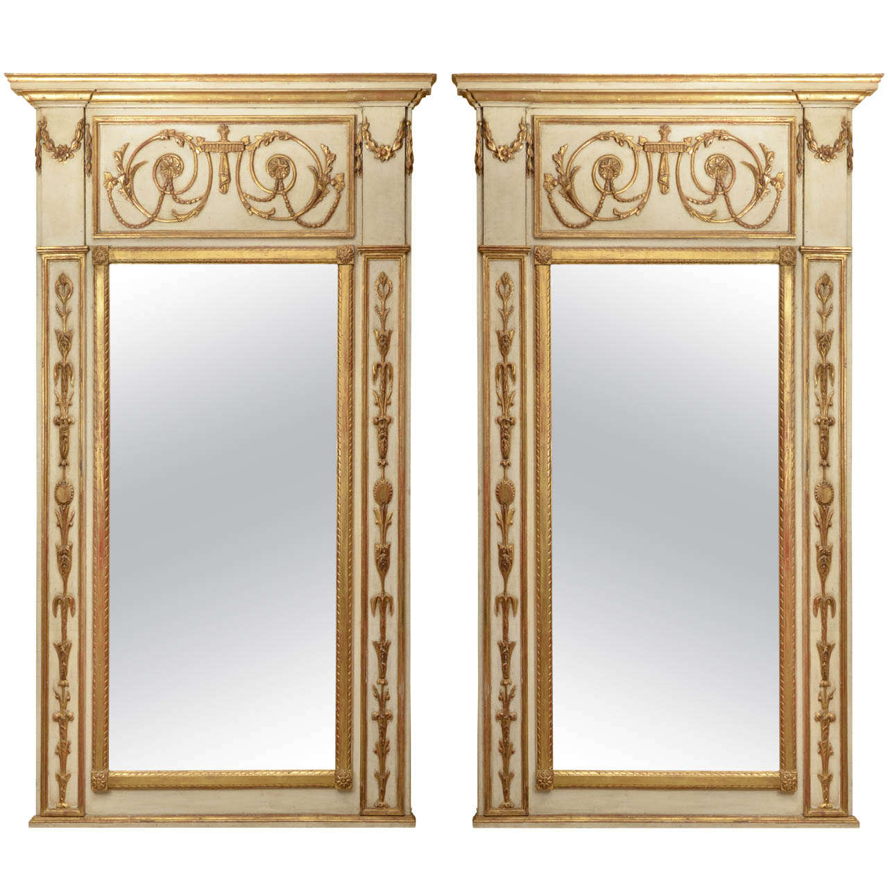 Pair of Swedish Regency Style Painted Gilt Wooden Carved Mirrors