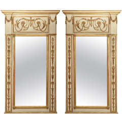 Antique Pair of Swedish Regency Style Painted Gilt Wooden Carved Mirrors
