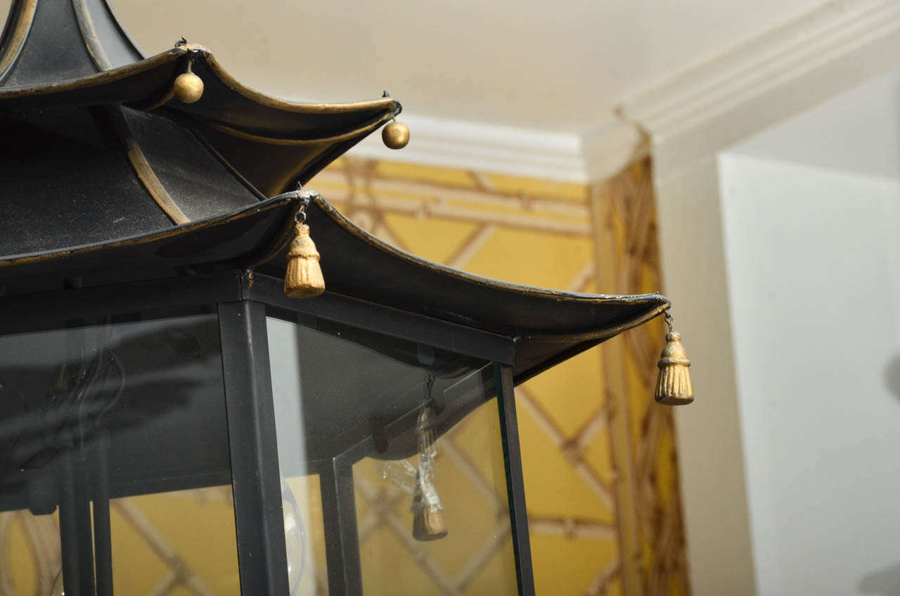 Pair of English Regency Style Black Tole Pagoda Lanterns with Tassels 1