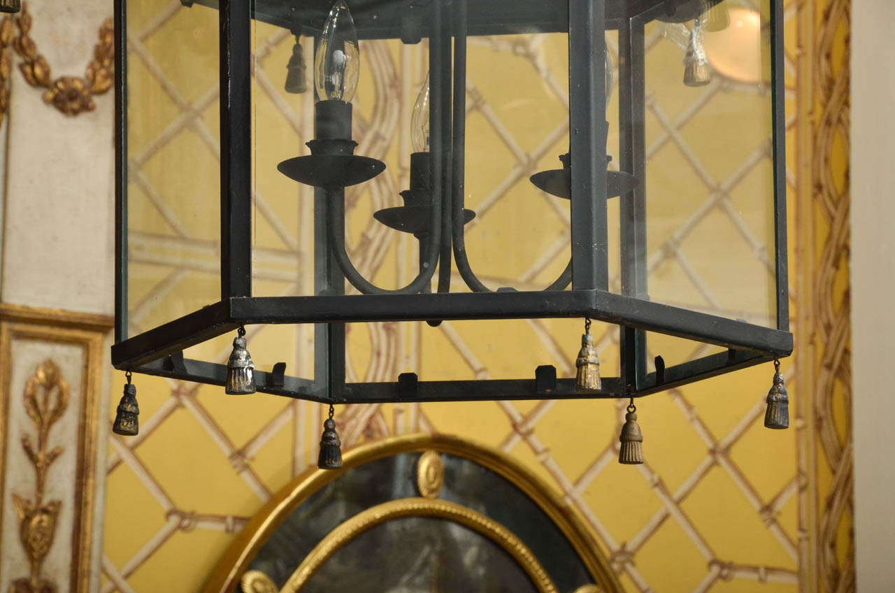 British Pair of English Regency Style Black Tole Pagoda Lanterns with Tassels