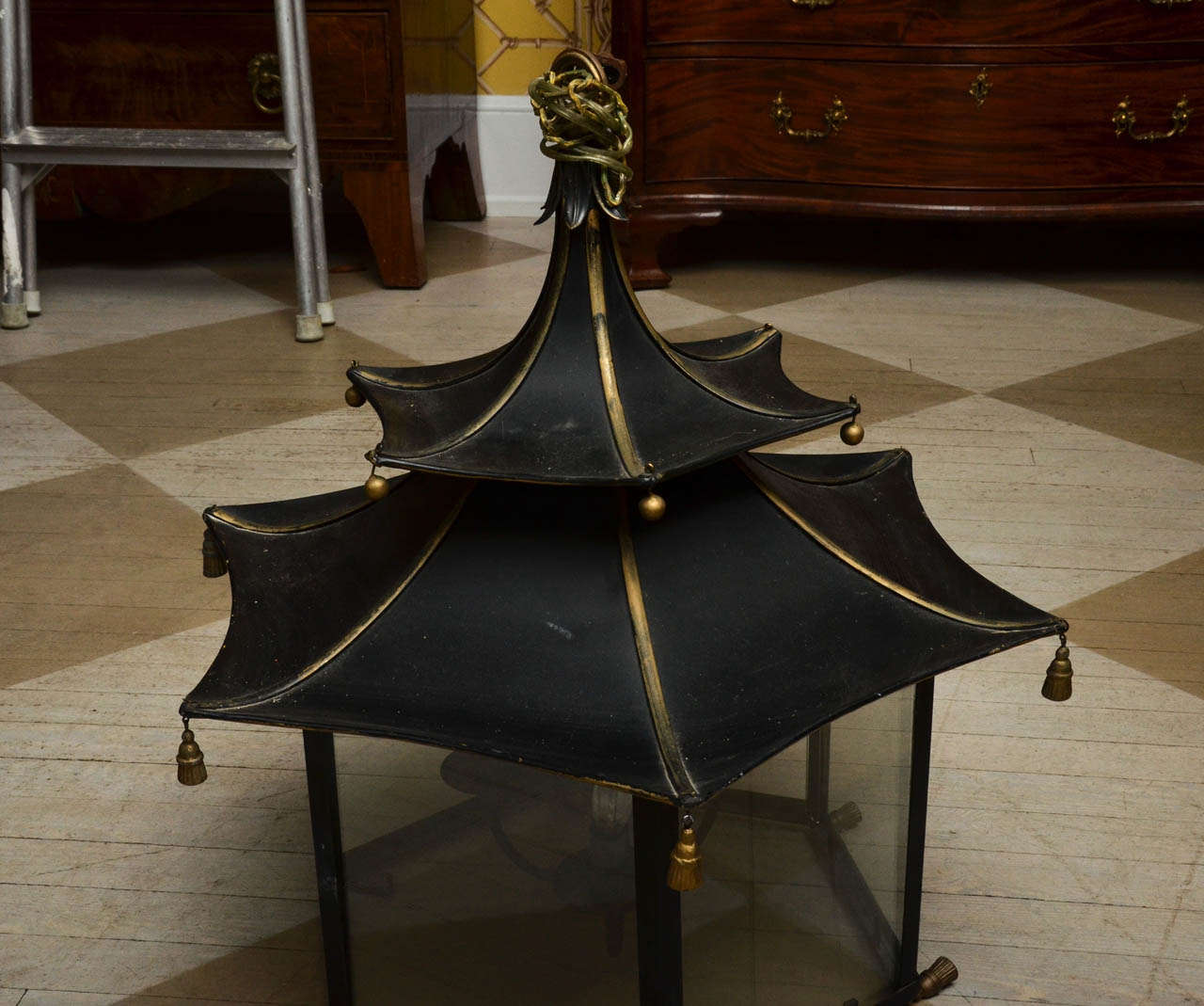 19th Century Pair of English Regency Style Black Tole Pagoda Lanterns with Tassels