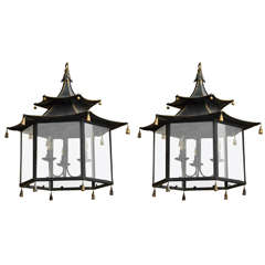Pair of English Regency Style Black Tole Pagoda Lanterns with Tassels