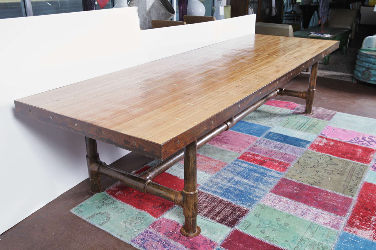 Vintage Bowling Alley Top Dining Table on Scaffolding Pipe Base 3