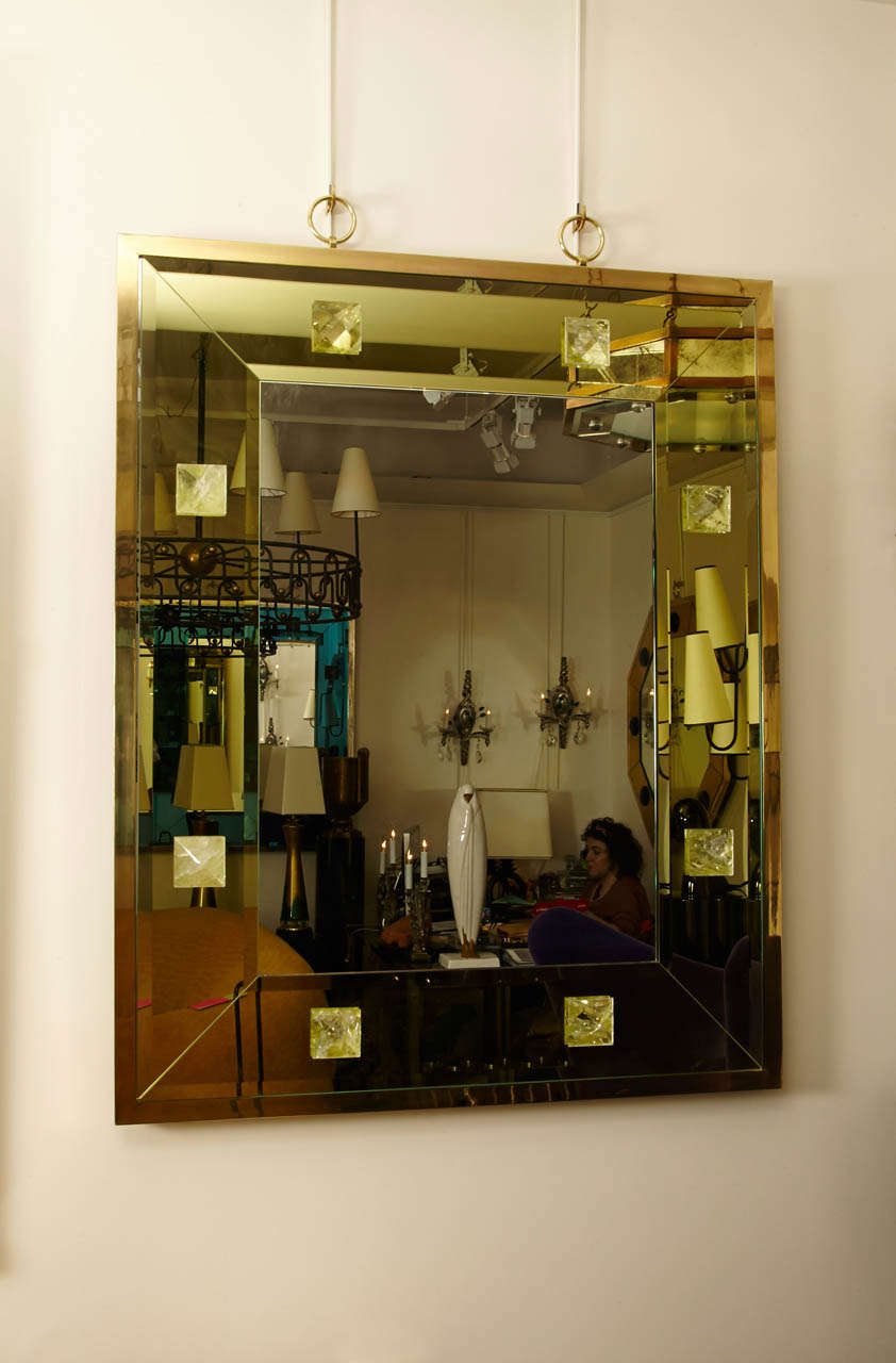 Contemporary Andre Hayat Gold Bronze Mirror with Yellow Mirror Frame and Pyramid Rock Crystal For Sale