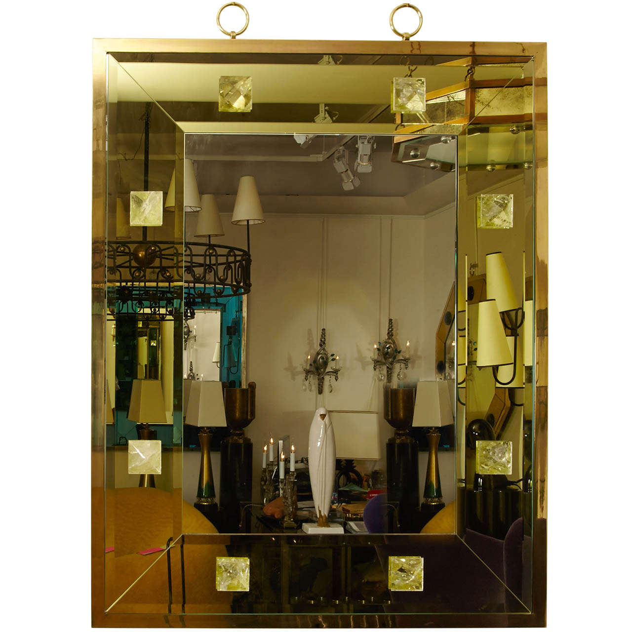 Andre Hayat contemporary gold bronze mirror with yellow mirror frame and pyramid rock crystal.