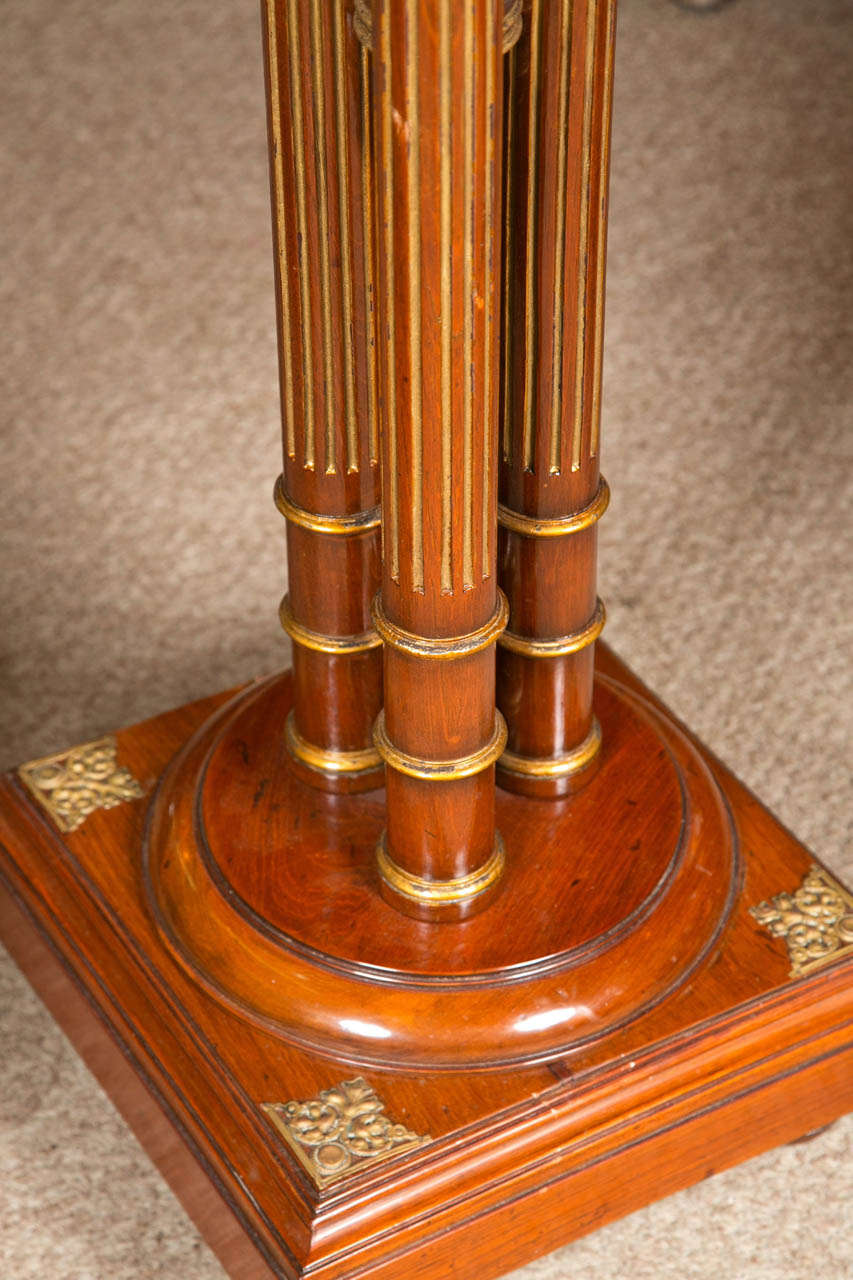 American Pair Regency Style Mahogany Column Pedestals Square Marble Tops Brass Accents