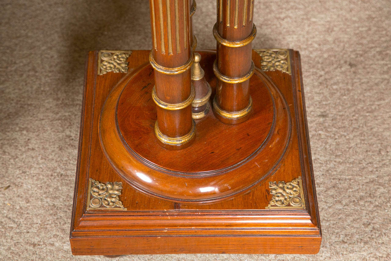 Pair Regency Style Mahogany Column Pedestals Square Marble Tops Brass Accents In Good Condition In Stamford, CT