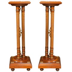 Pair Regency Style Mahogany Column Pedestals Square Marble Tops Brass Accents