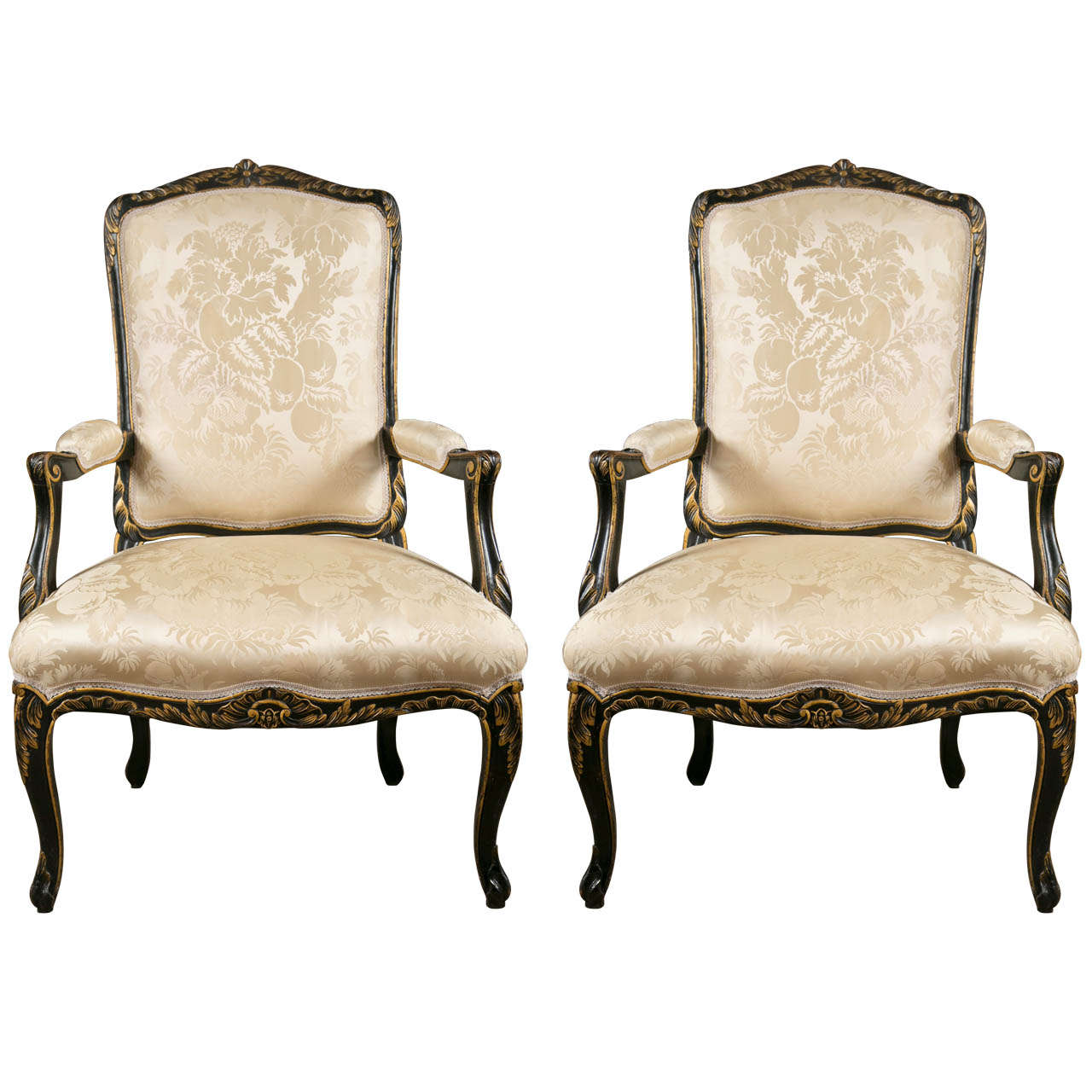 Pair of French Fauteuils Louis XV Style Armchairs Ebonized And Parcel Gilt