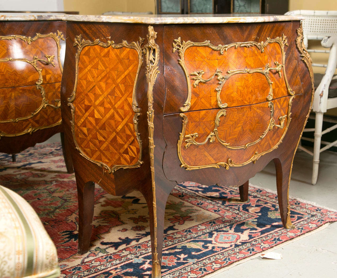 A Pair of French Bombe Marble Top Commodes / Nightstands In Good Condition In Stamford, CT