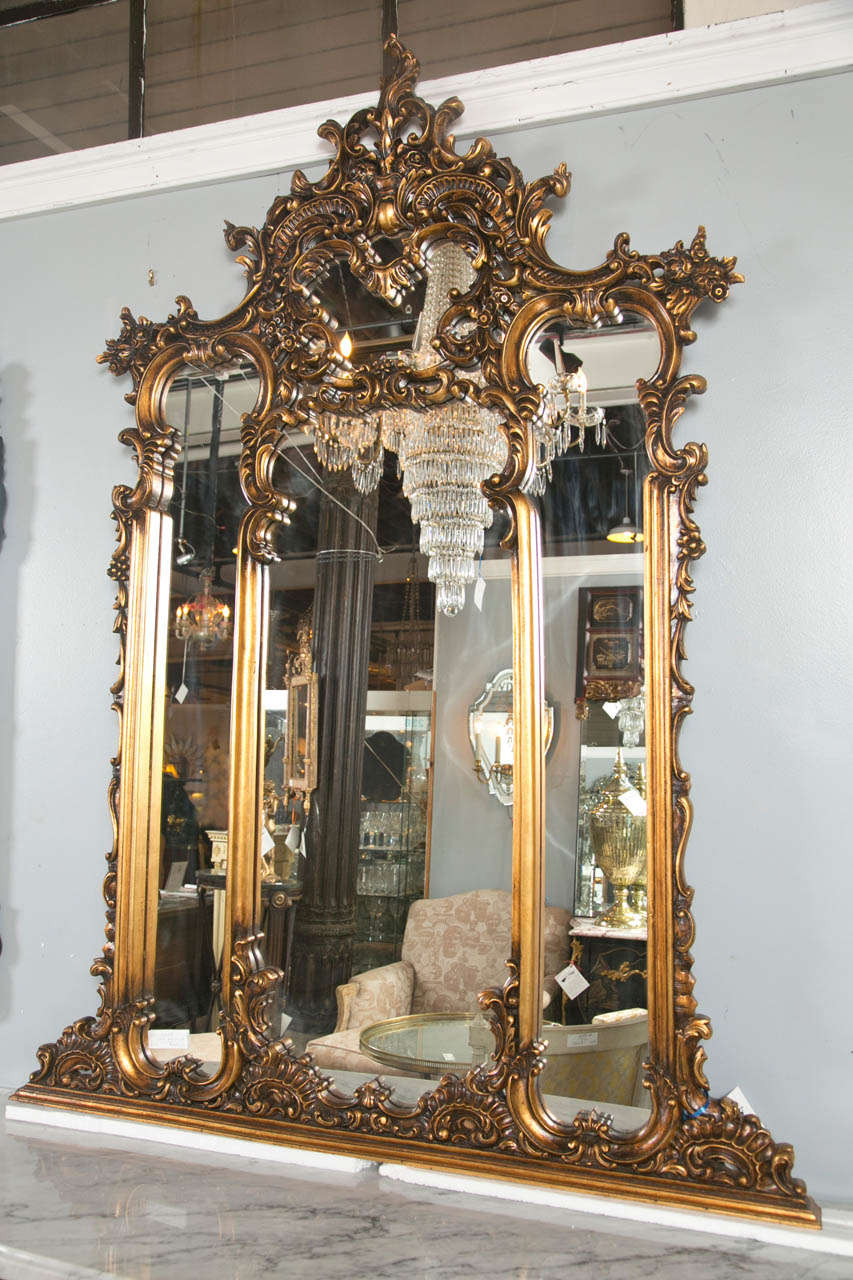 Fine French Carved Four Section Carved Rococo Over the Mantle Or Wall Mirror 2