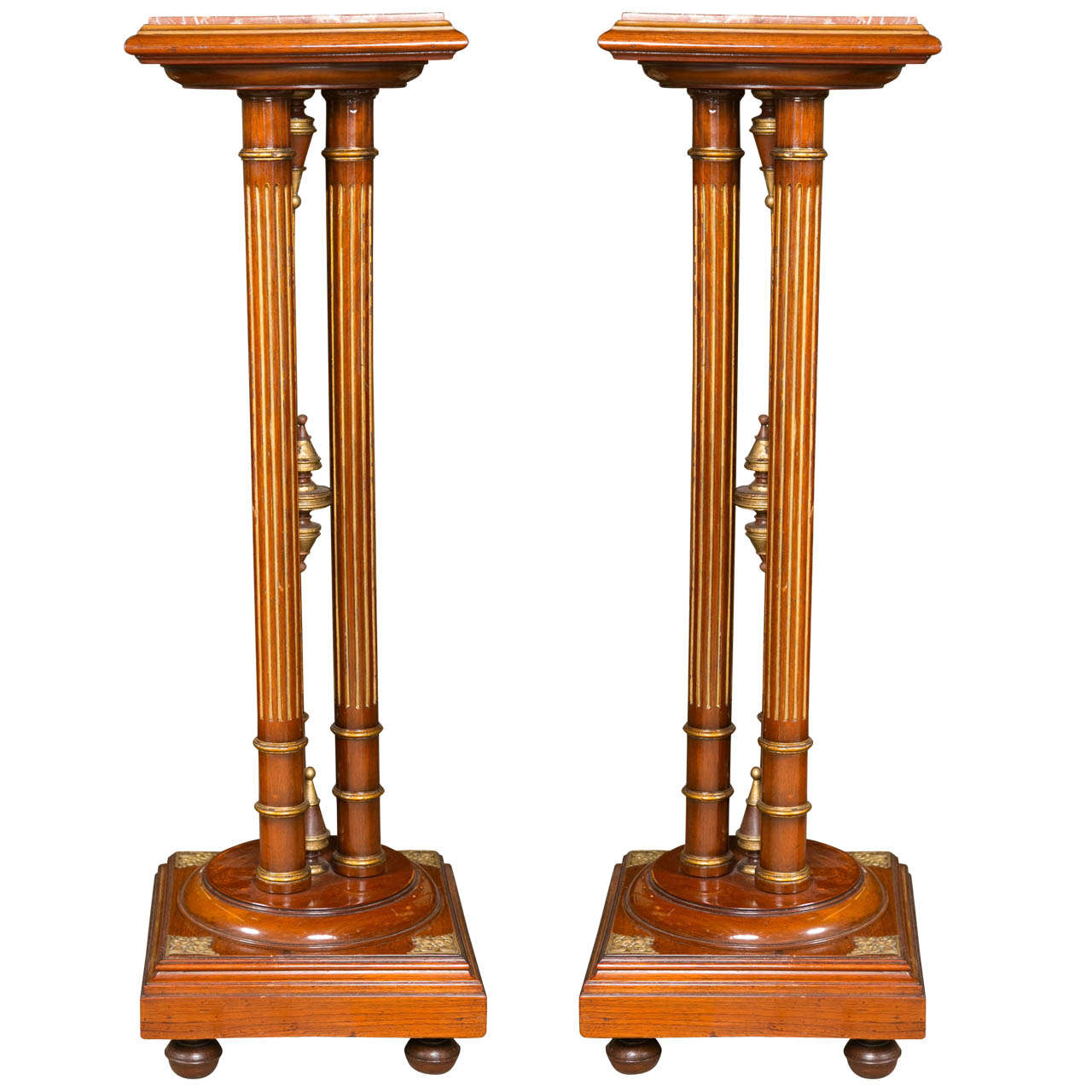 Pair Regency Style Mahogany Column Pedestals Square Marble Tops Brass