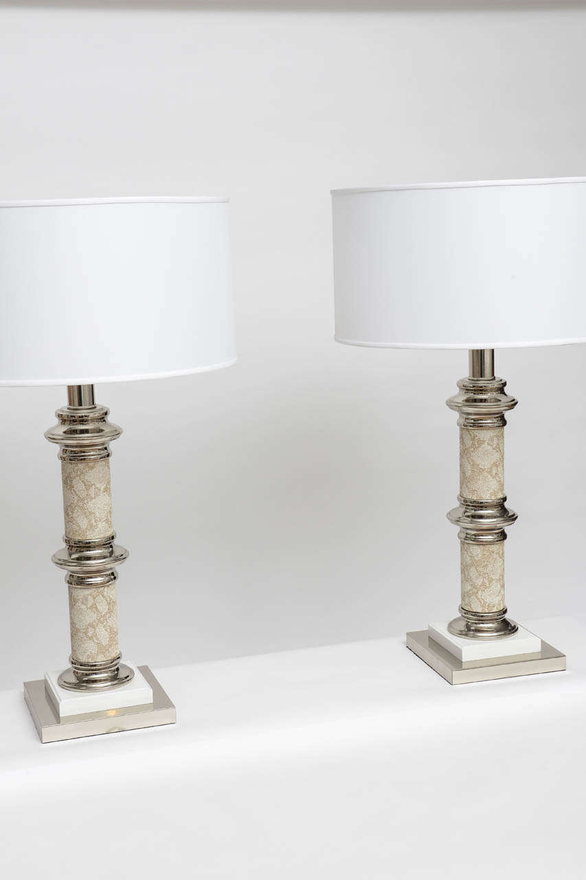 American Pair of Skin and Chrome Lamps manner of Karl Springer