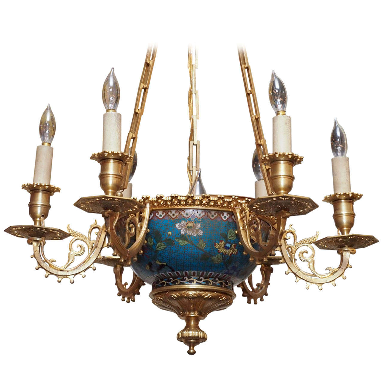 Antique Fench Cloisonne Enamel and Ormolu Bronze Chandelier circa 1860-1870 For Sale