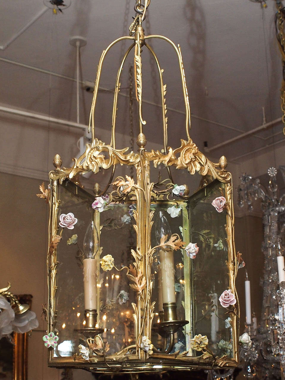Antique French bronze lantern with saxe flowers circa 1890's.