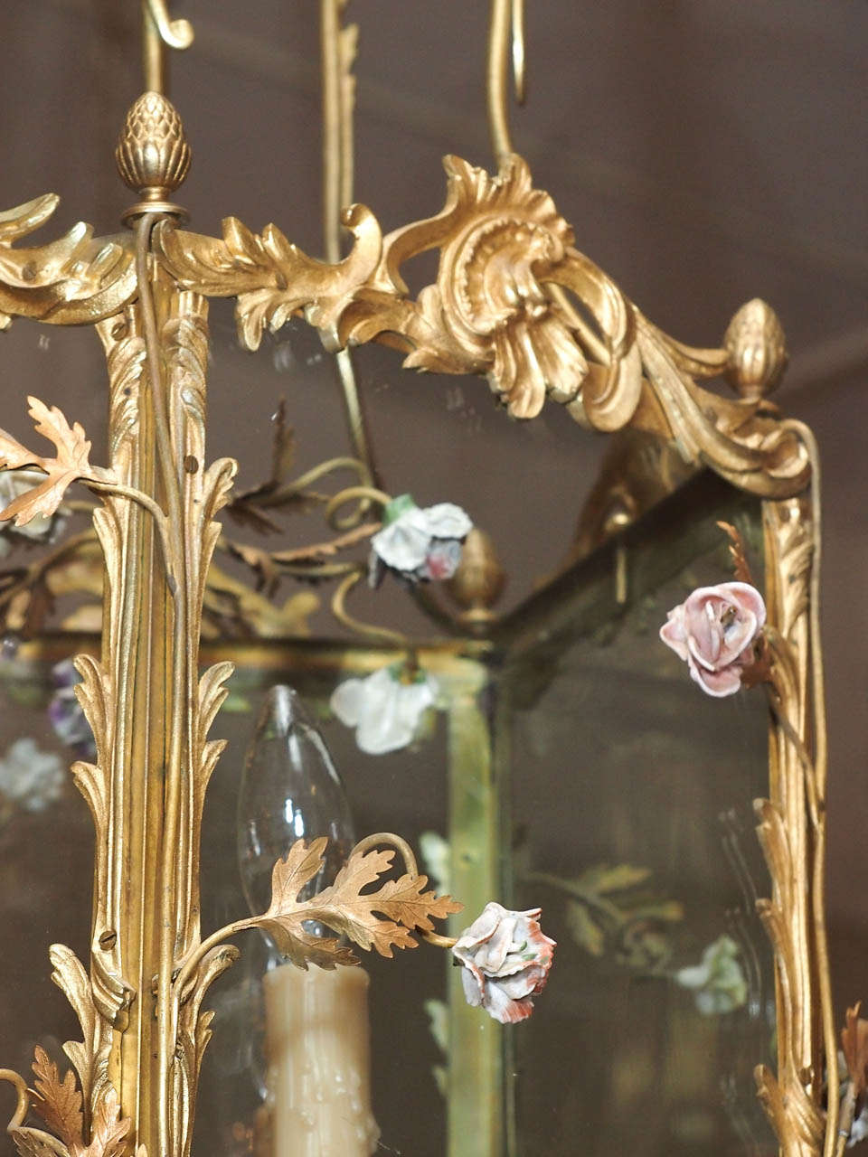 Antique French Bronze Lantern with Saxe Flowers circa 1890s 1