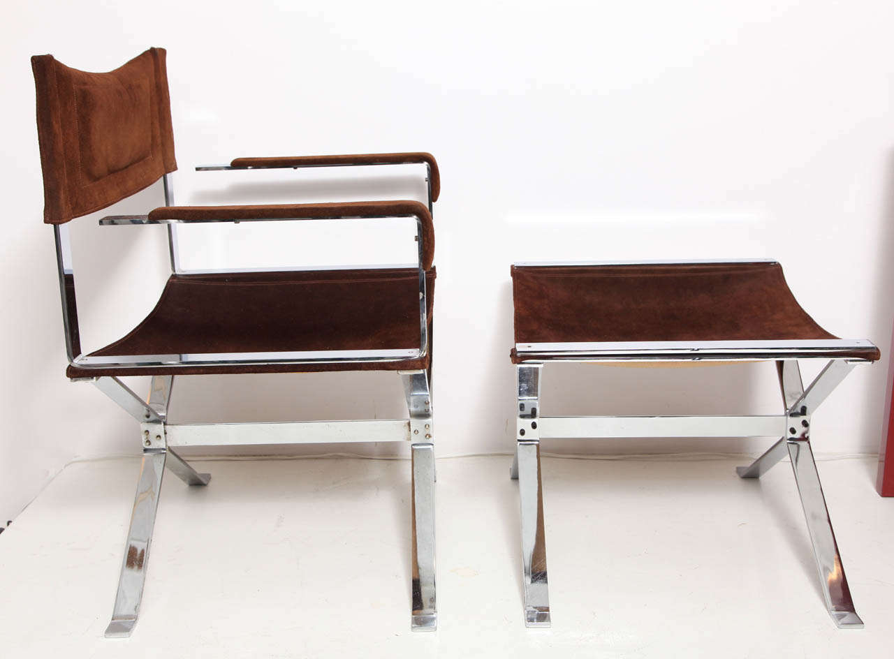 Alessandro Albrizzi (1934-1994). Director style armchair and ottoman in chrome and brown suede. Italian, 1965.