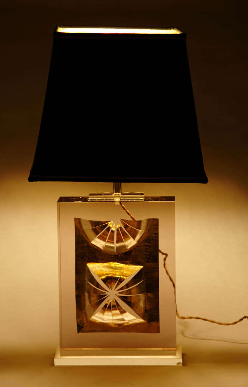Brass 1980s Table Lamp with Inclusion in Lucite by Romeo Paris