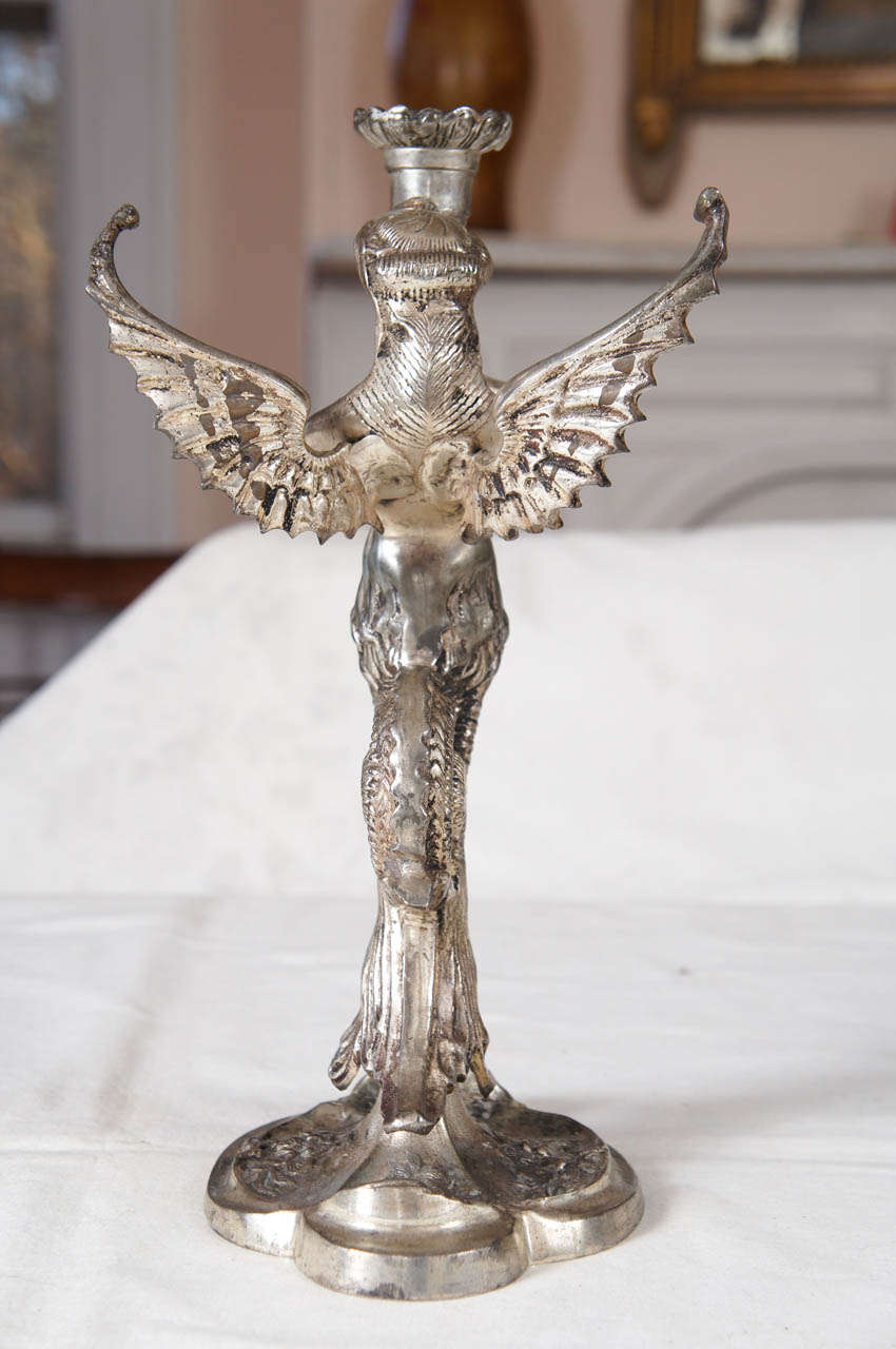 Art Nouveau Winged Mythological Silvered-Metal Mermaid Candlesticks For Sale