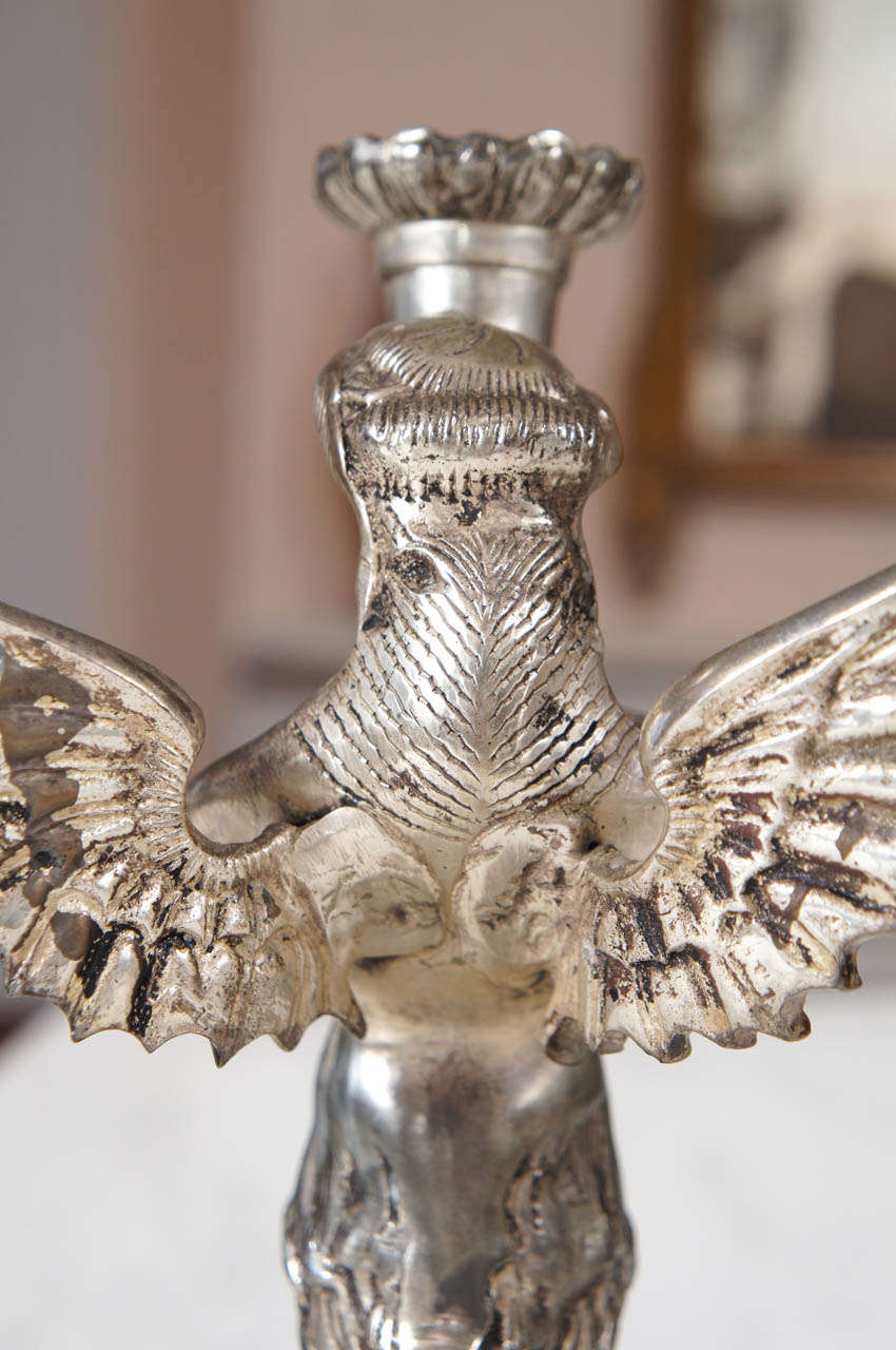 Unknown Winged Mythological Silvered-Metal Mermaid Candlesticks For Sale