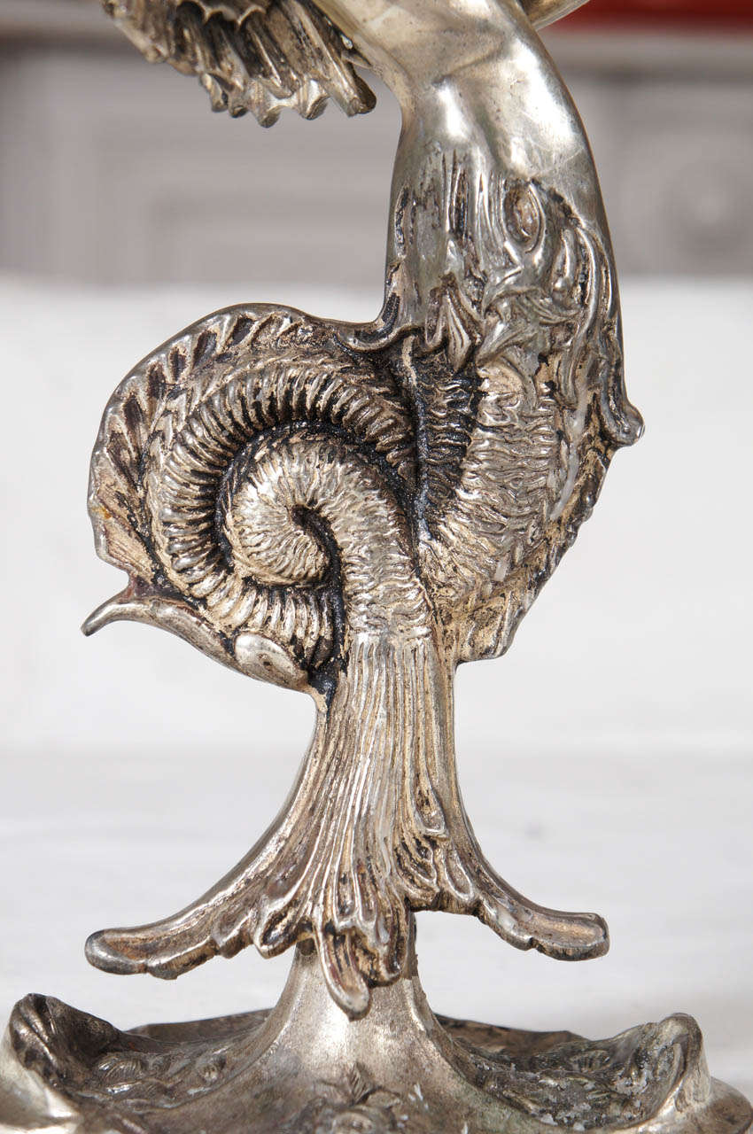 Winged Mythological Silvered-Metal Mermaid Candlesticks In Good Condition For Sale In Hudson, NY