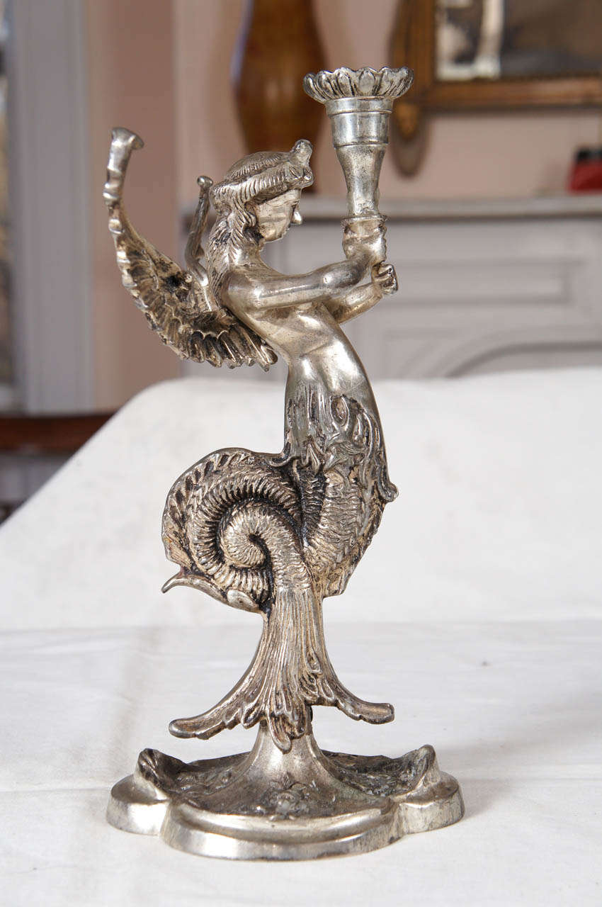 Winged Mythological SilveredMetal Mermaid Candlesticks For Sale at 1stdibs
