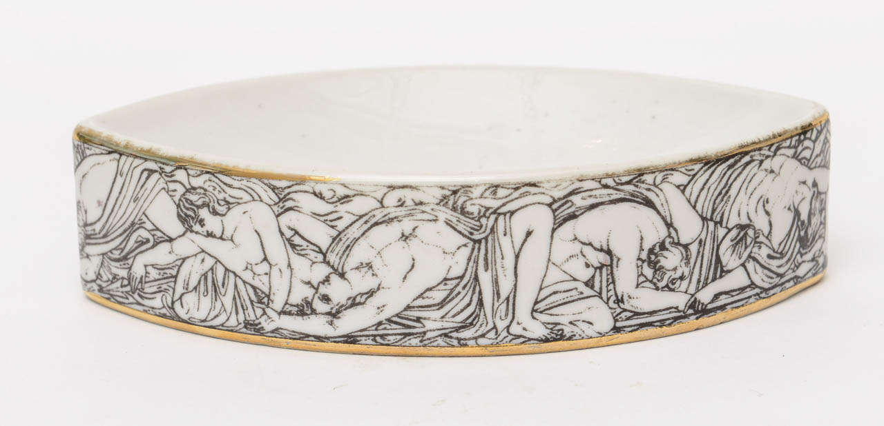 Neoclassical Italian Signed Fornaseti Almond Shaped Porcelain Bowl with Roman  Bathing Nymphs
