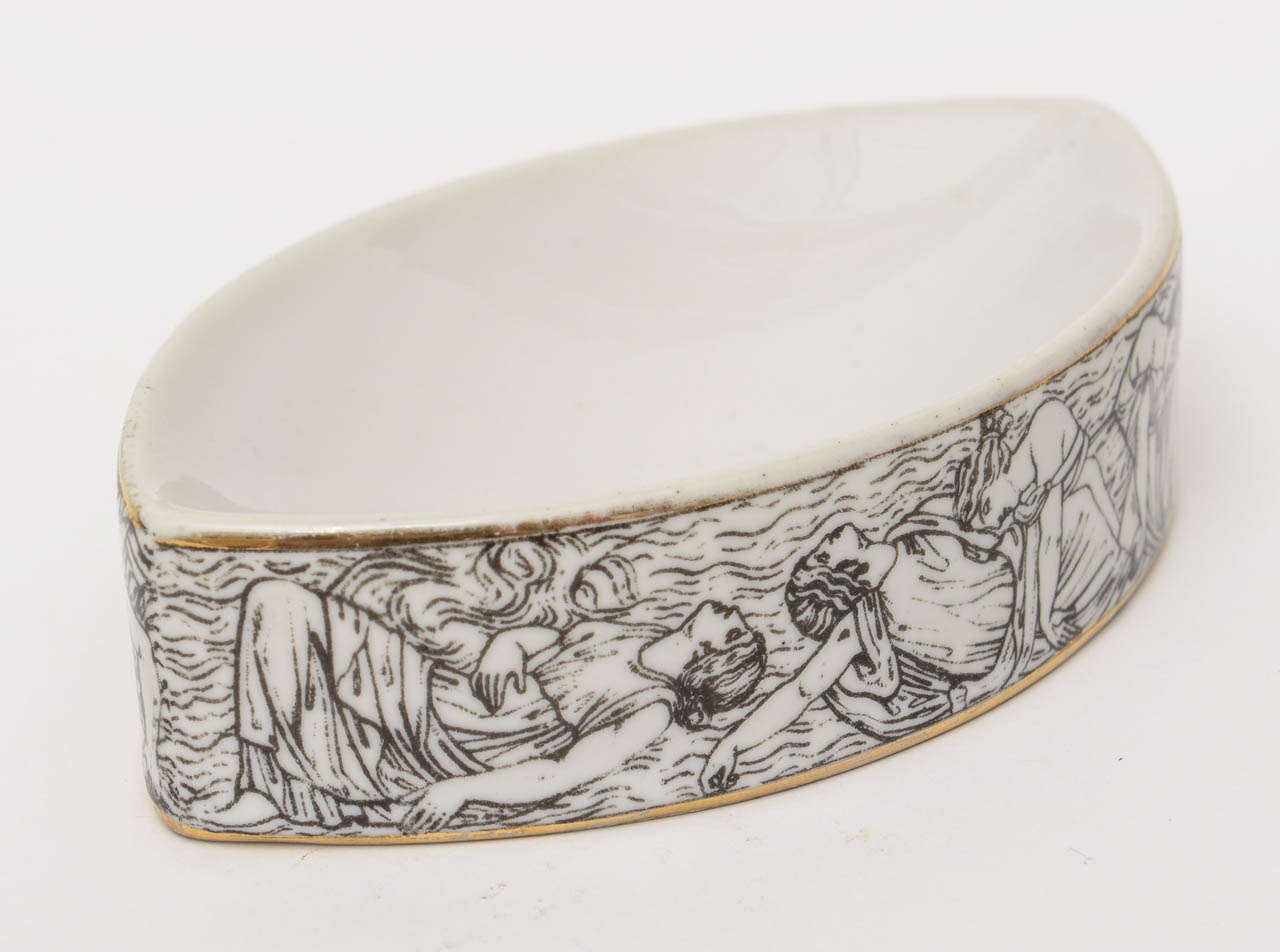 Mid-20th Century Italian Signed Fornaseti Almond Shaped Porcelain Bowl with Roman  Bathing Nymphs