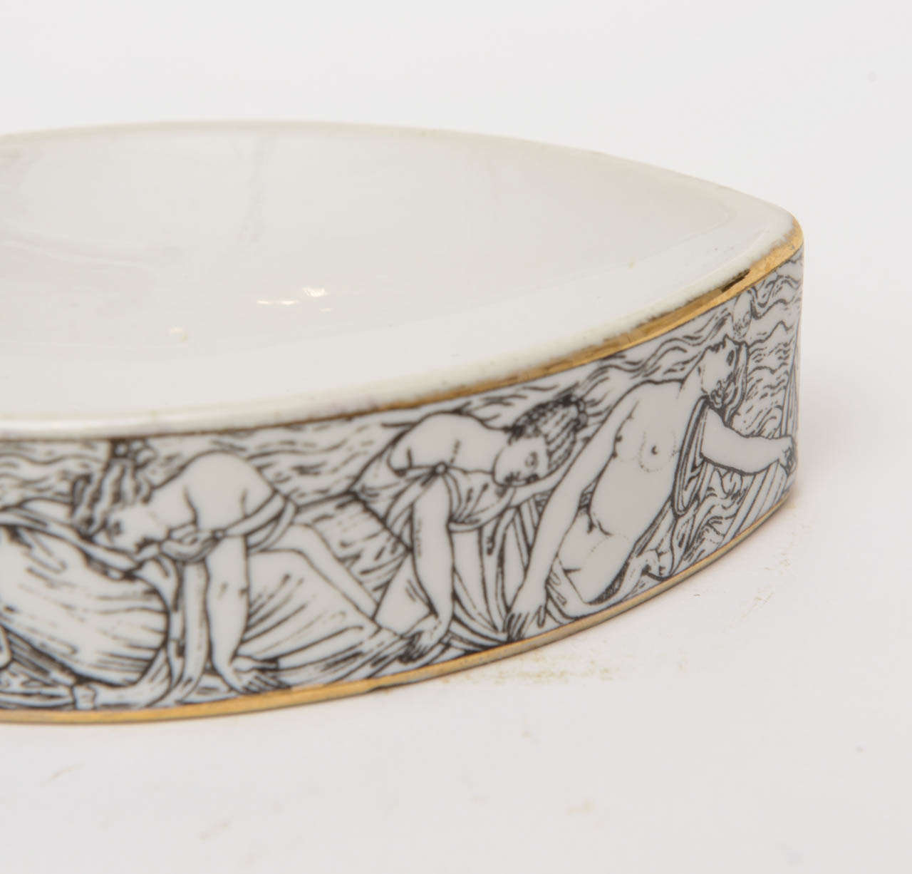 Italian Signed Fornaseti Almond Shaped Porcelain Bowl with Roman  Bathing Nymphs 1