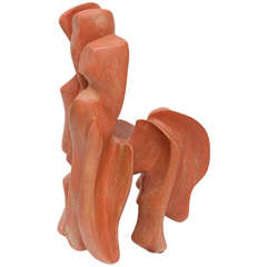 Red Wash Painted Alabaster Signed Abstract Sculpture