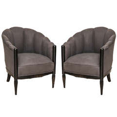 Pair of Gray French Art Deco Fan Back Club Chairs with Ebonized Legs, circa 1940