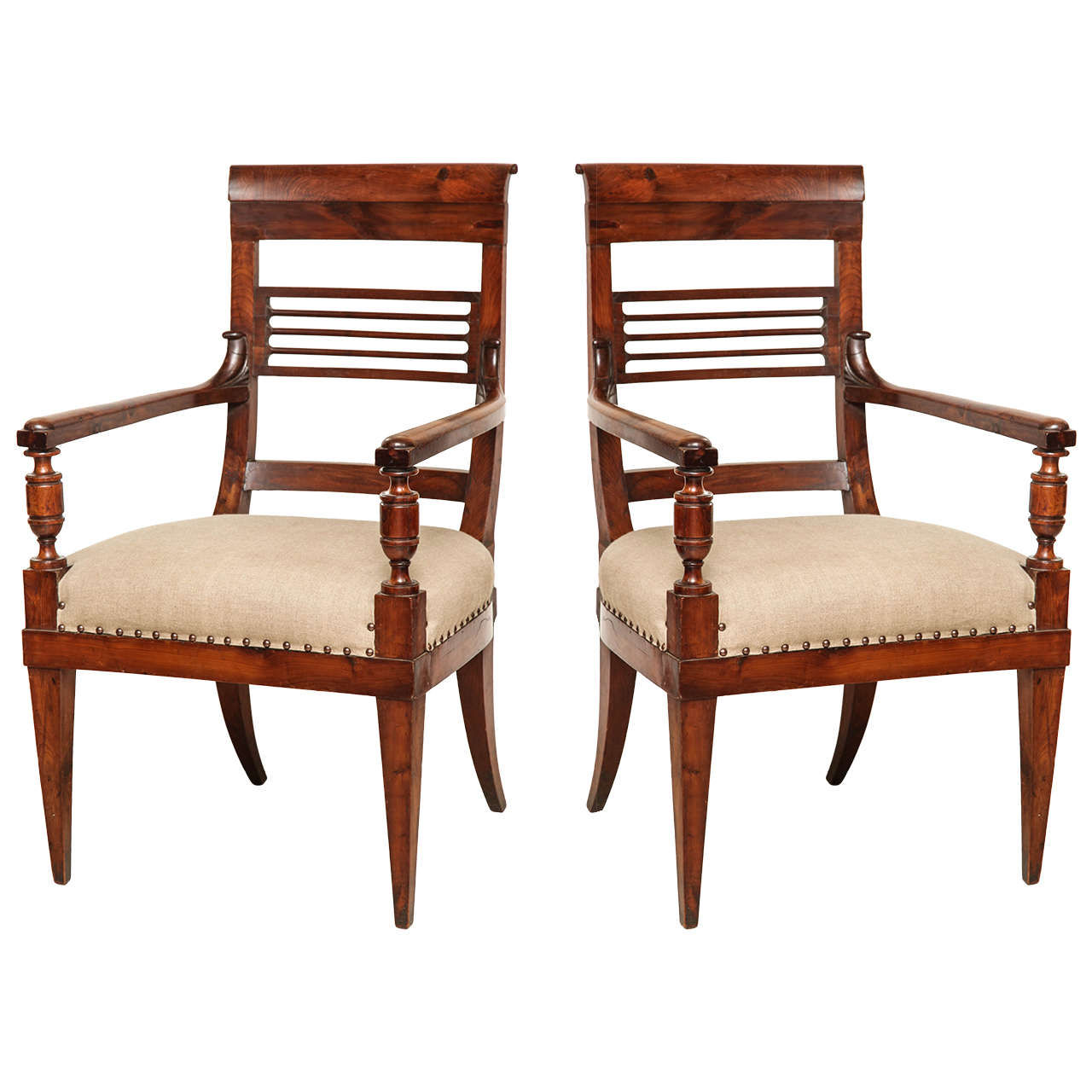 Pair of 19th Century Yew Wood Armchairs with Slated Back