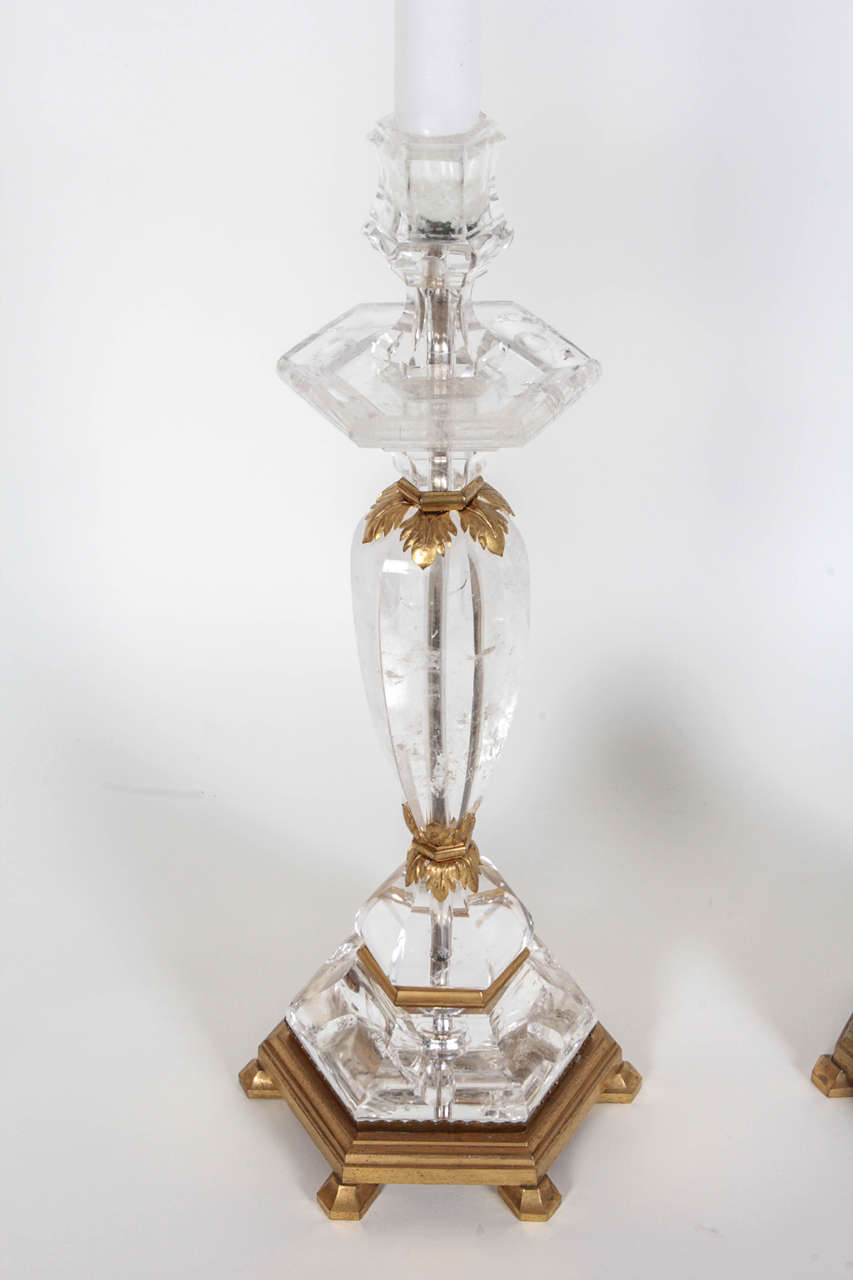 Régence Pair of French Rock-Crystal and Gilt-Bronze Candlesticks Circa 1950 For Sale