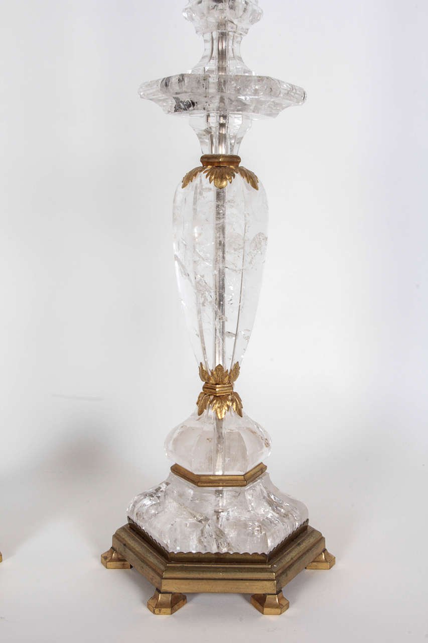 Mid-20th Century Pair of French Rock-Crystal and Gilt-Bronze Candlesticks Circa 1950 For Sale