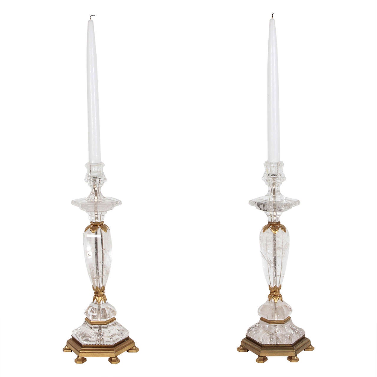 Pair of French Rock-Crystal and Gilt-Bronze Candlesticks Circa 1950
