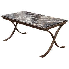 Marble-Top Cocktail Table with Hand-Forged Iron Base
