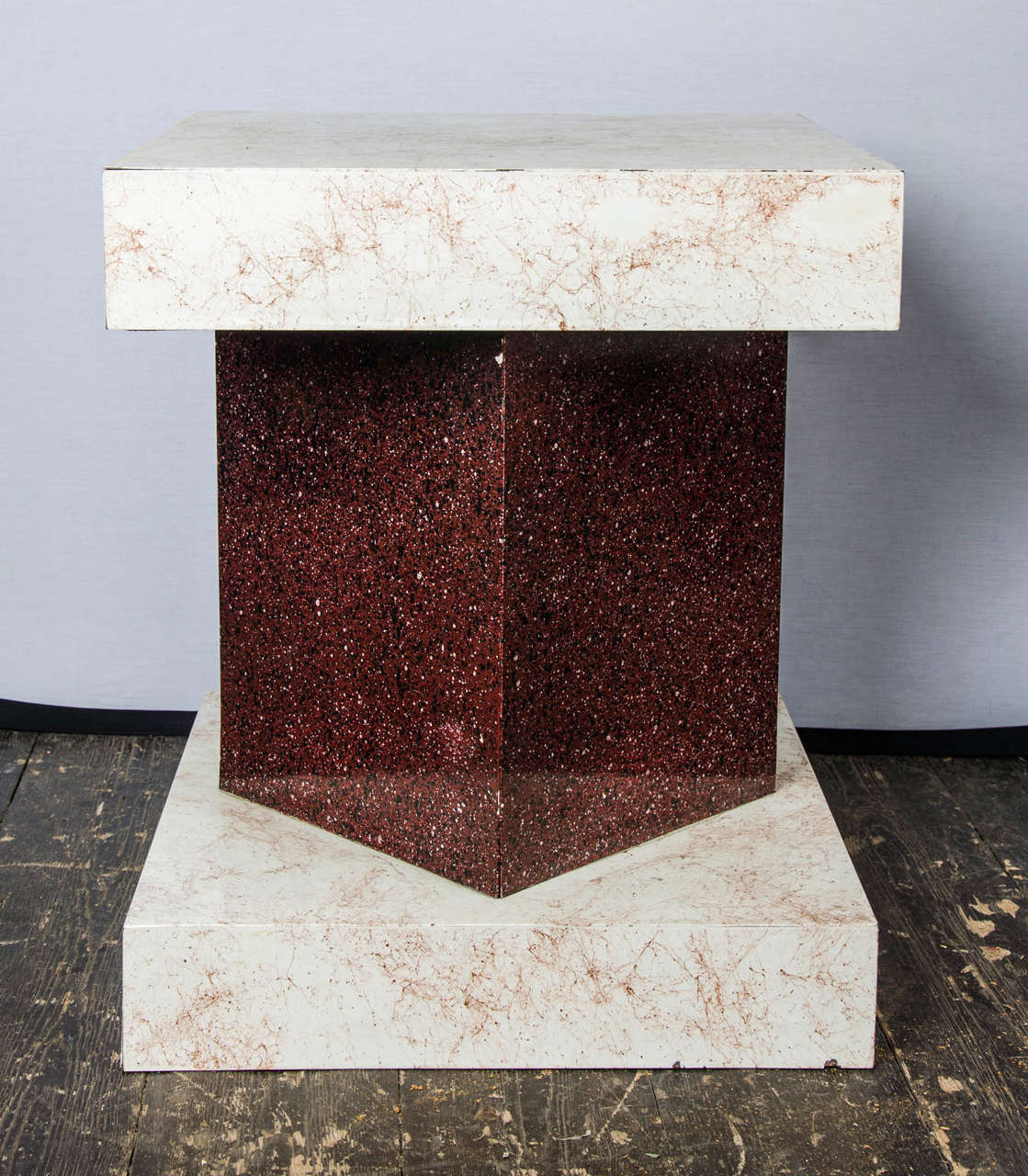 A pair of modernist side tables with melamine marble finish, circa 1970s, Italian.