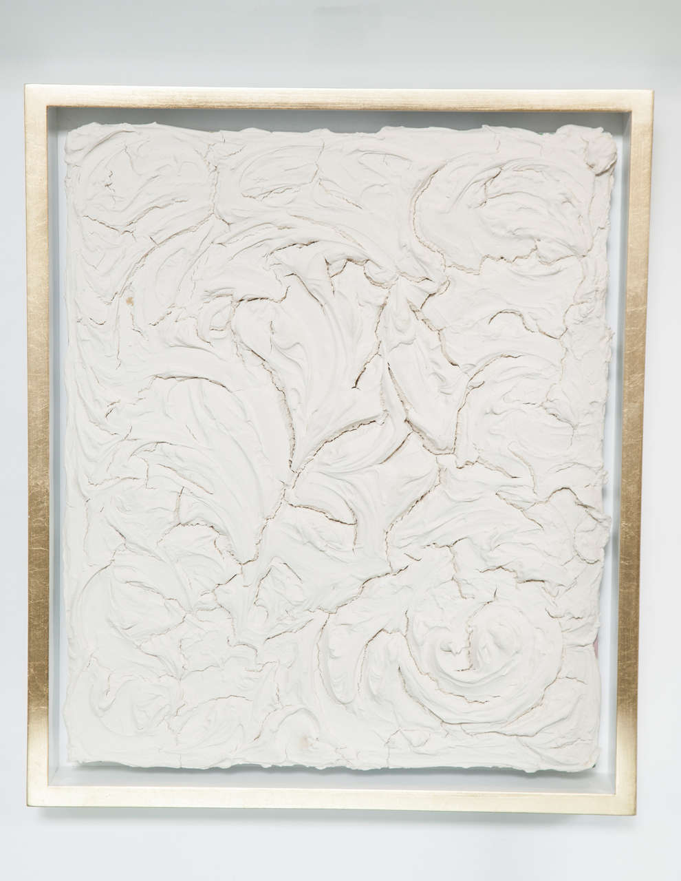 Contemporary artist Peter Buchman's 'White Texture' is made of joint compound, plaster, paint on wood and a white edge/gold leaf frame. This piece is an attempt at controlling the uncontrollable. Or is the artist being somewhat autobiographical? How
