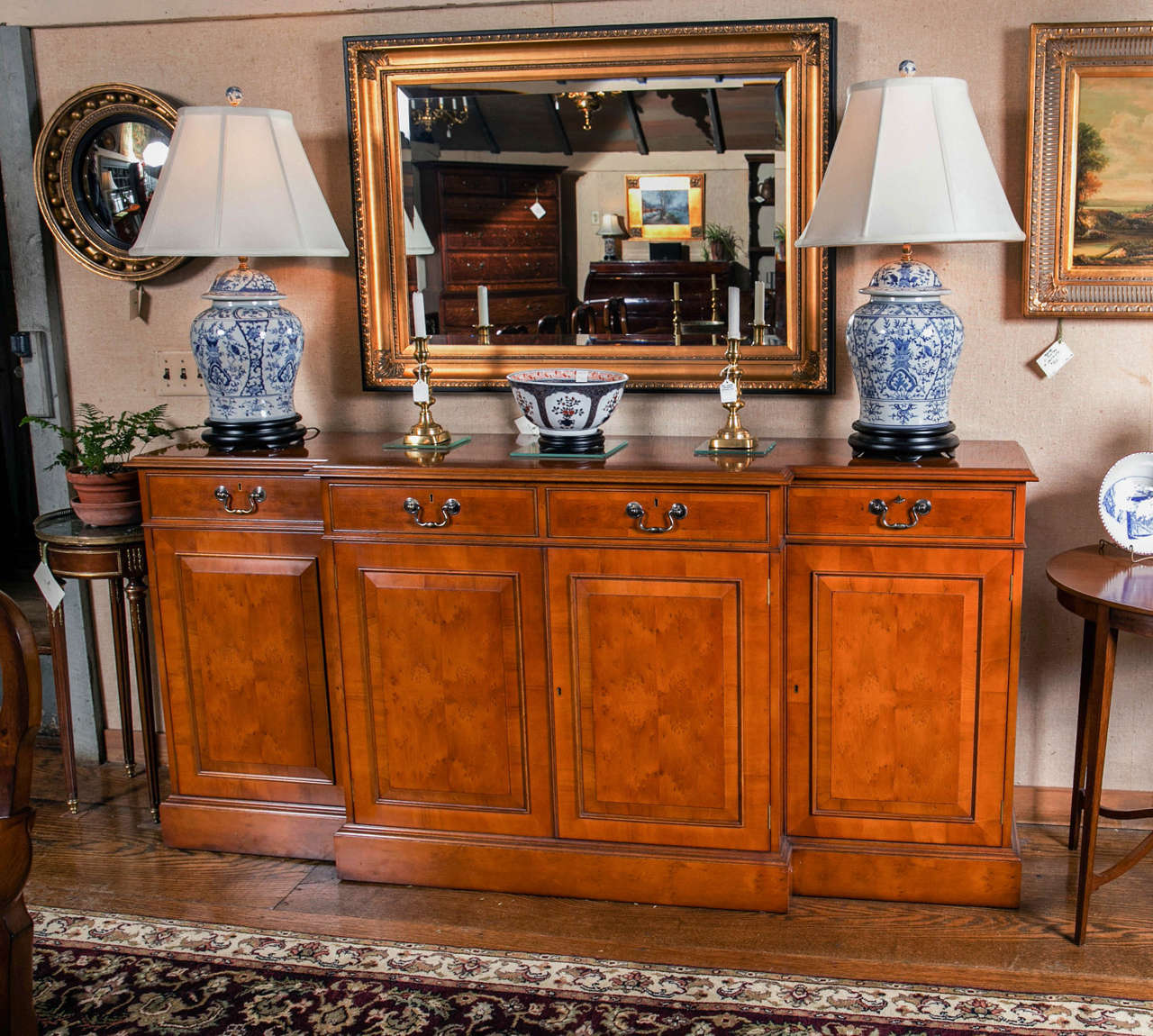 Custom Made English Yew Wood Breakfront Server / Credenza For Sale at