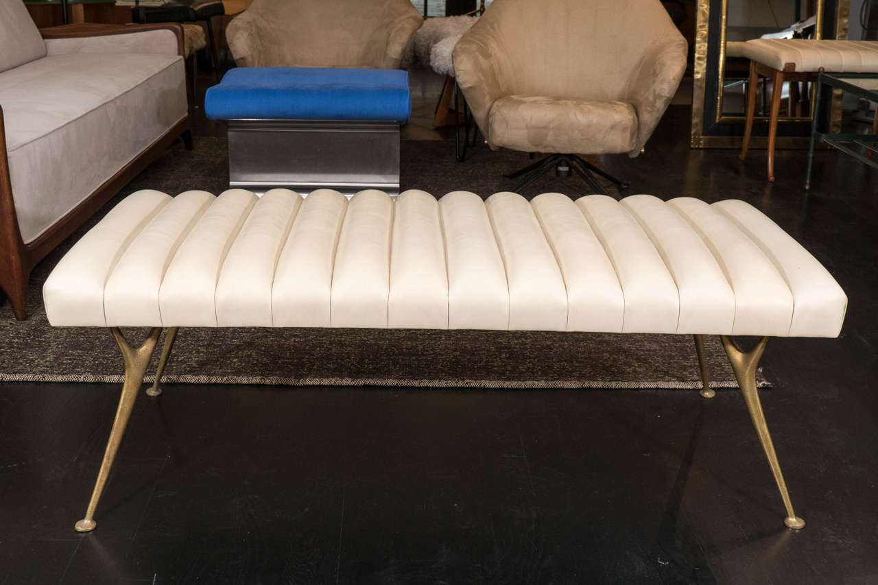 Fifties Brass and Leather Bench at 1stDibs