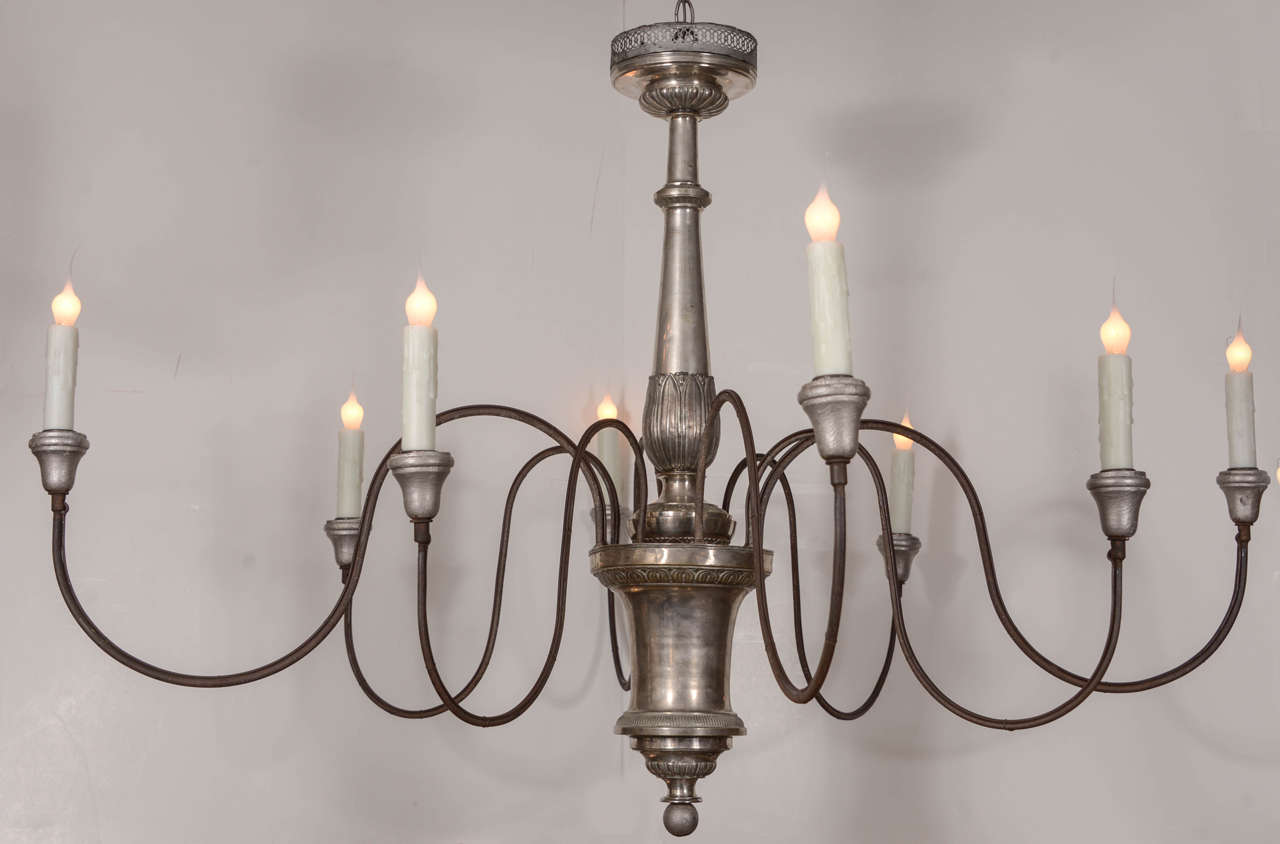 Silver-gilt metal chandelier from 19th century elements, with iron arms and silver-gilt wooden bobeches, newly wired with extra chain and a canopy.