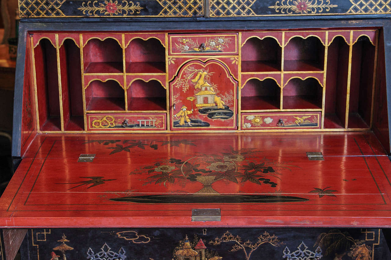 19th c English Chinoisserie black lacquered secretary In Excellent Condition In Dallas, TX