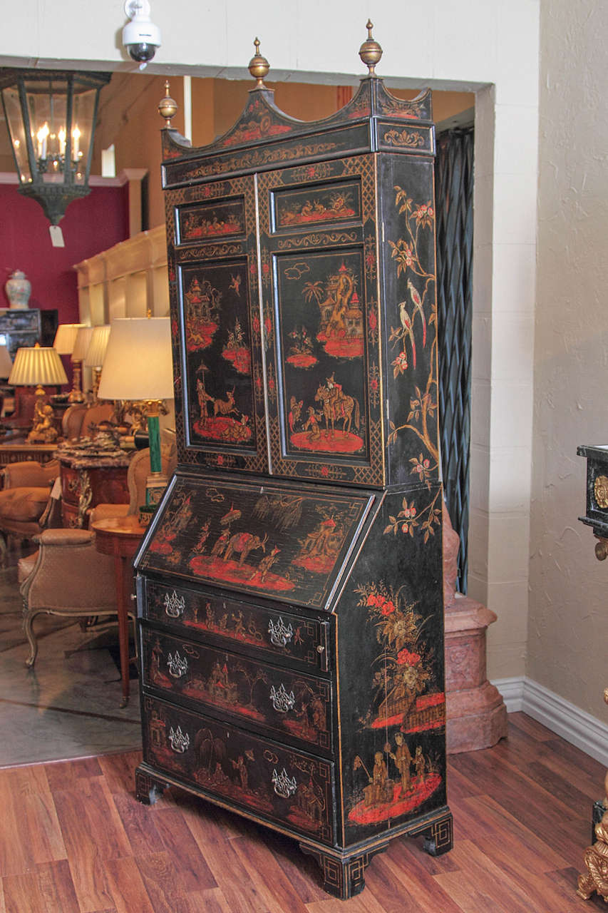 19th c English Chinoisserie black lacquered secretary 3