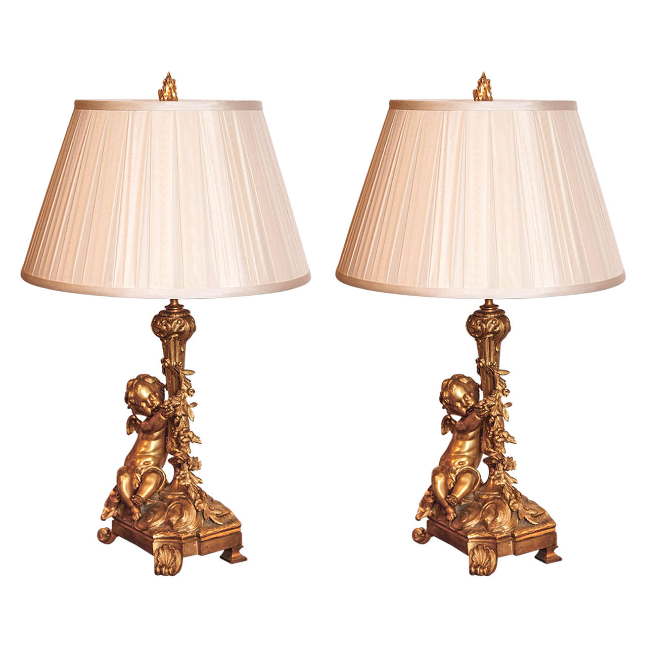 19th century  French gilt cherub lamps