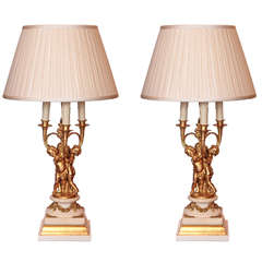 Pair of 19th c gilt bronze cherub lamps on marble bases
