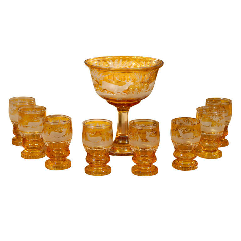 Set of 19th Century Bohemian Glasses and Punch Bowl, Circa 1880