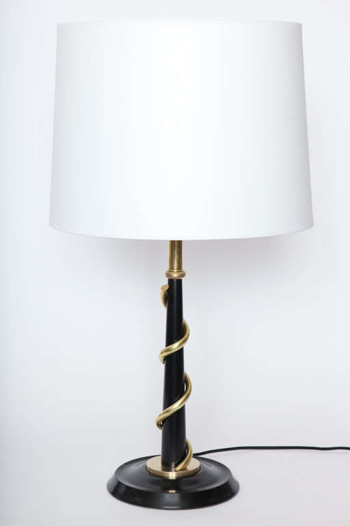 A pair of 1940s Art Moderne Sculptural  brass and lacquered wood table lamps.
Shades not included