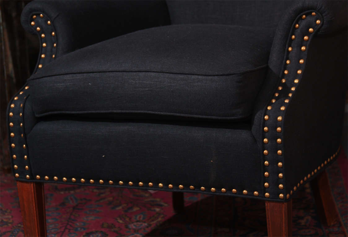 American black linen and nailhead wingback chair
