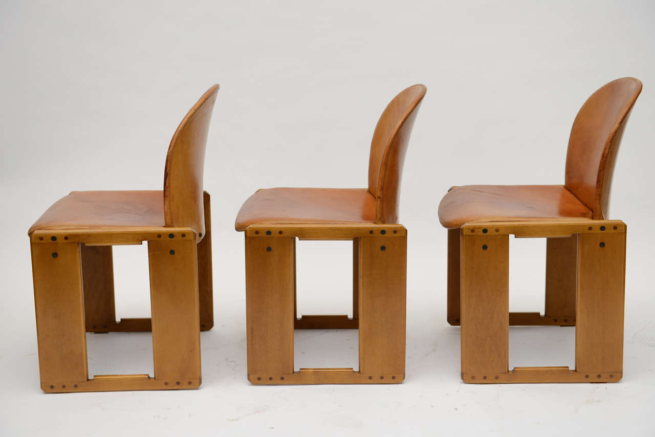 Italian  Set of Six Tobia Scarpa Leather and Walnut Chairs
