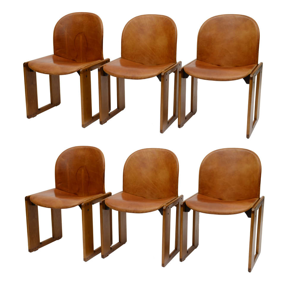  Set of Six Tobia Scarpa Leather and Walnut Chairs